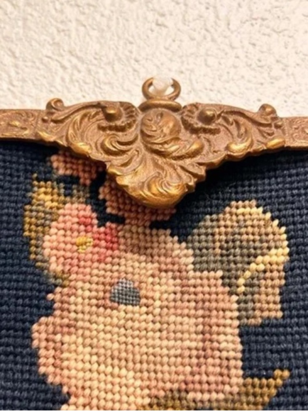 Antique Needlepoint Bell Pull Navy Pink Rose French Victorian Cottagecore - Picture 2 of 6